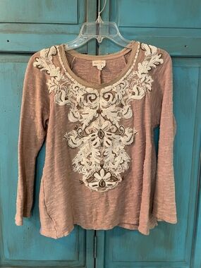Meadow Rue Dusty Pink Long-Sleeve Top with Cream Embroidery
